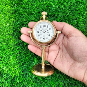 Personalized Beautiful Office Desk Clock with Designer Brass Stand, Bold Numbers Quartz Clock Shinny Brass Table Decor Collectible Gift
