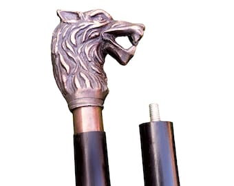 Bengala de metal maciço estilo vintage com cabeça de lobo: bengala com acabamento antigo