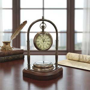 Antique Finish Brass Victoria Table Clock with Compass Vintage Clock Home Decor