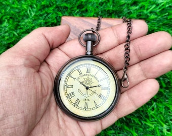 Antique Brass Pocket Watch: Nautical Maritime Pendant Clock with Wooden Case