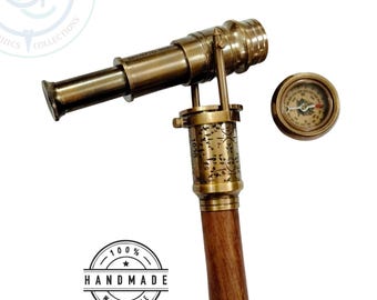 Antique Brass Walking Cane with Compass & Telescope - Steampunk Victorian Replica