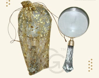 Crystal Handle Magnifying Glass: Brass Frame, Vintage Reader