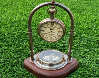 Antique Finish Brass Victoria Table Clock with Compass Vintage Clock Home Decor
