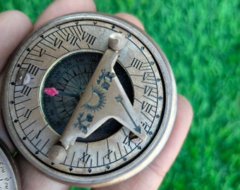 Antique Brass Mary Rose Sundial Compass with Leather Box