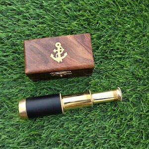 Handcrafted Mini Brass Telescope: Vintage Design, Lightweight, and Portable with Leather Grip and Wooden Box - Perfect for Adventures