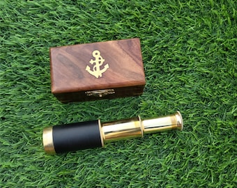 Mini Brass Telescope: Vintage Pirate Design with Leather Grip & Wooden Box