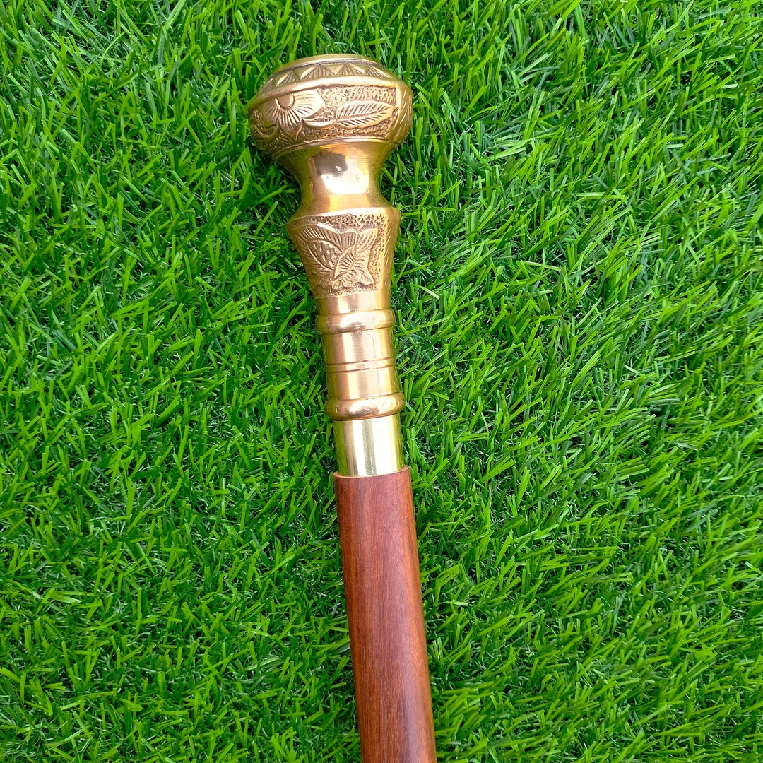 Nautical Walking Stick Carved Brass Knob Compass Head Handle Wooden