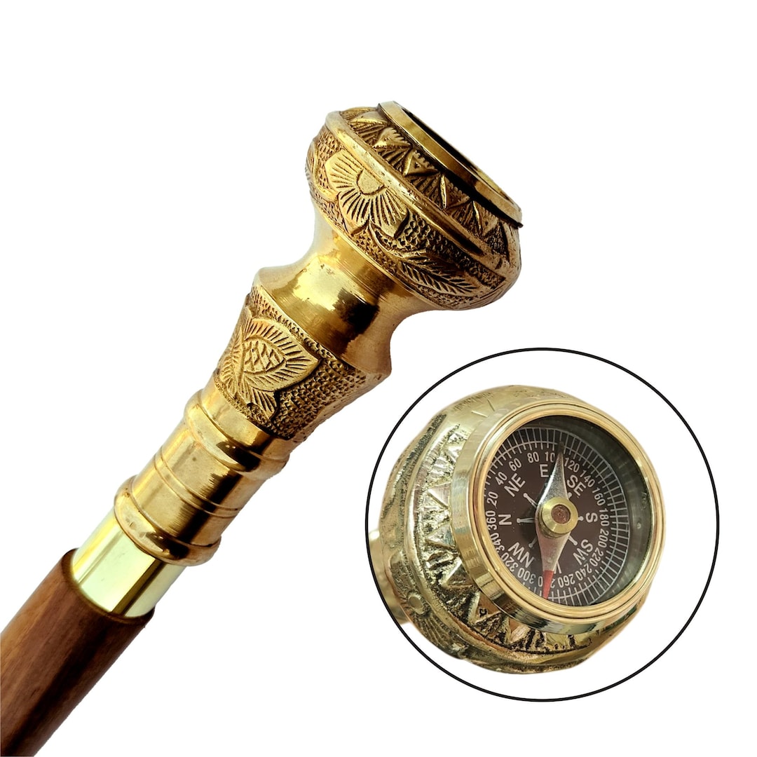 Carved Brass Handle Walking Stick With Compass - Elegant Wooden Walking ...