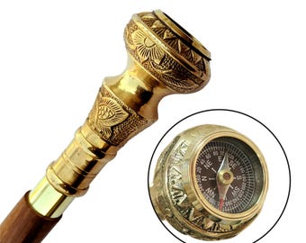 Elegant Carved Brass Handle Walking Stick with Functional Compass - Durable and Stylish Gift for Men and Women by GC