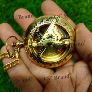 Brass Sundial Compass with Leather Case and Chain | Camping Hiking Steampunk Accessory | Golden Finish | Anniversary Valentine’s Gift by GC