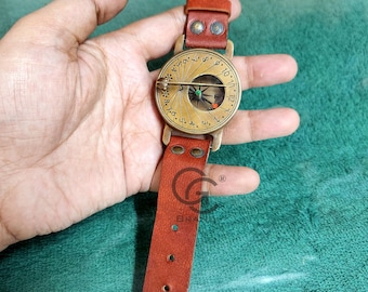 Handmade Brass Sundial Wrist Compass with Leather Strap | Vintage Nautical Watch