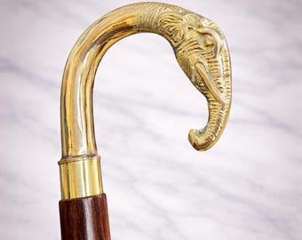 Majestic Elephant Head Brass Handle Walking Stick - Vintage Elegance and Functional Charm