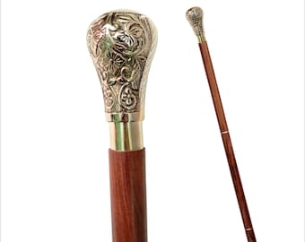 Victorian Brass Carved Handle Walking Cane - Handcrafted Rosewood Vintage Style, Best for Women & Gentlemen