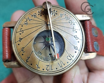 Brass Sundial Wrist Compass with Leather Strap Vintage Nautical Gift