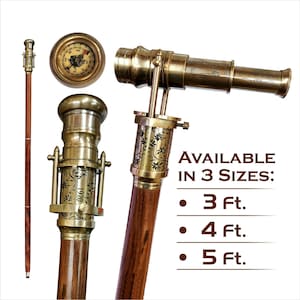 Engraved Brass Walking Cane Spyglass Telescope & Compass Steampunk Victorian Walking Stick