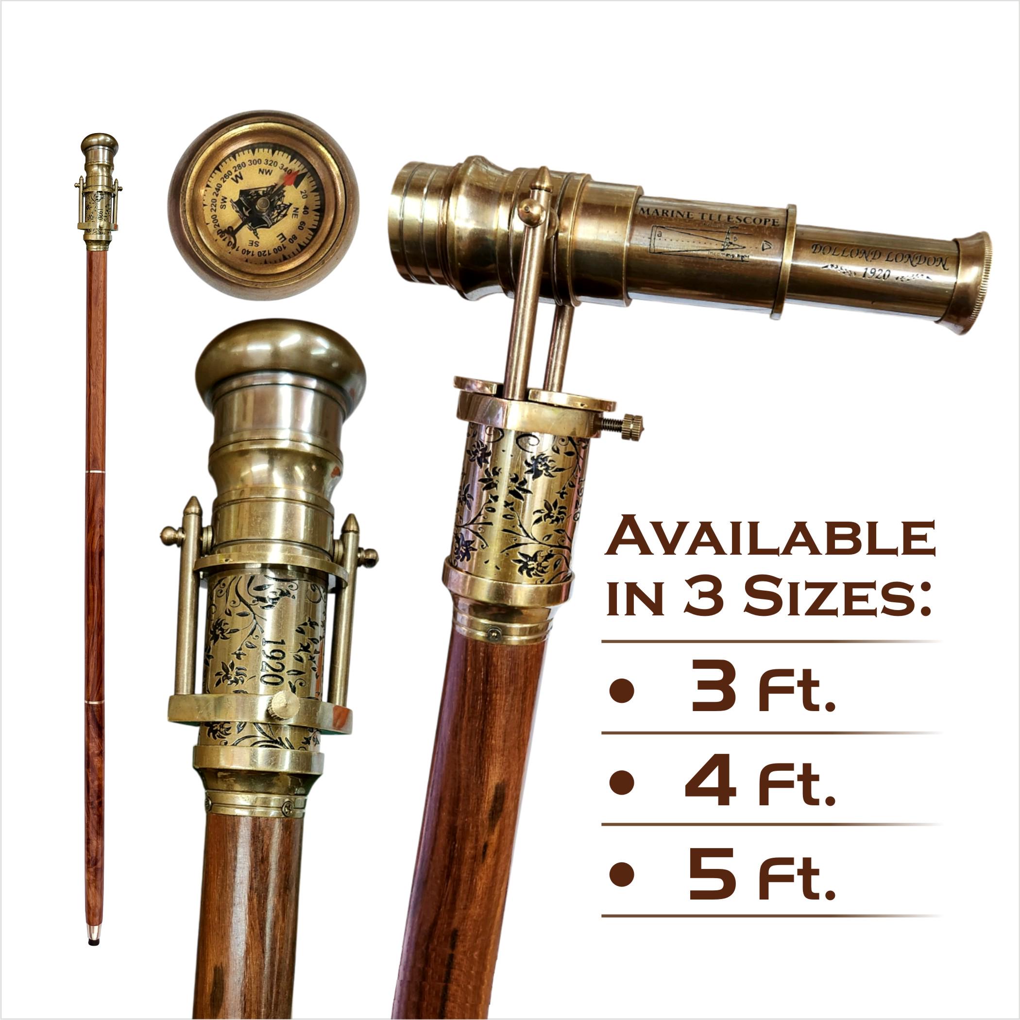 Antique Brass Engraved Walking Cane with Compass and Spyglass Telescope Steampunk Victorian Dollond London 1920 Replica