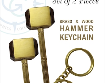 Brass & Wood Hammer Keychain - Golden Finish (Set of 2 Pcs.)