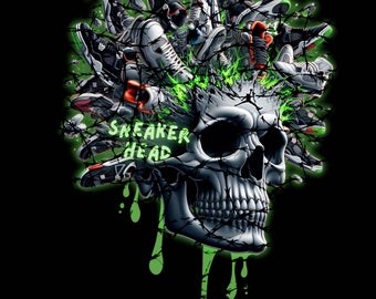 May include: A black and white skull with a green dripping substance. The skull is surrounded by a barbed wire fence and a variety of sneakers. The text "SNEAKER HEAD" is written on the skull.