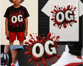 May include: Black t-shirt and red shorts with the text "OG" in a white and red design. A white t-shirt with the same design is also shown. White and red sneakers with the same design are also shown.