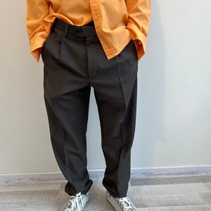 Men&#39;s Wool Grey Trousers 90s Straight Pleated Pants Plaid Casual Office Slacks Suit Dress Pants Gift for Him Size 50