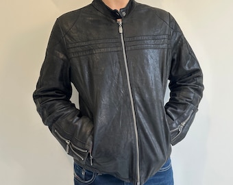 Vintage zwart leren bikerjack - geïnspireerd op de jaren 90, maat S/M