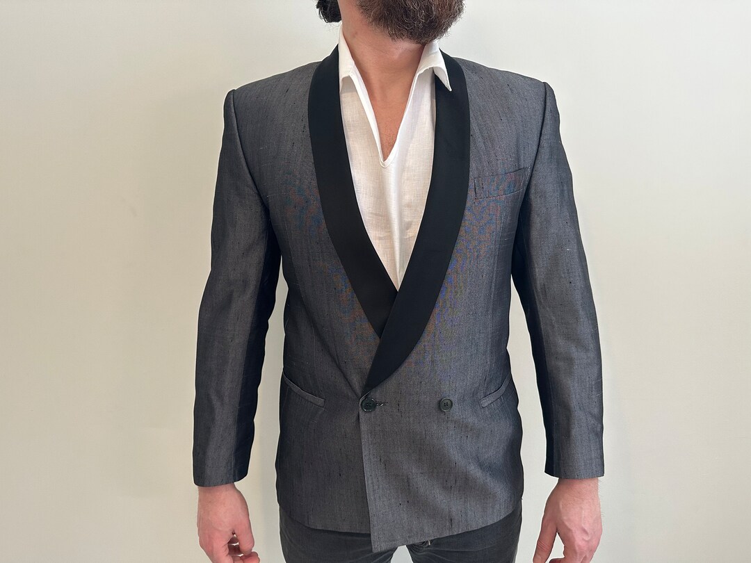 Men's Tuxedo Jacket Satin Shawl Lapel Dinner Blazer Grey Dress Jacket