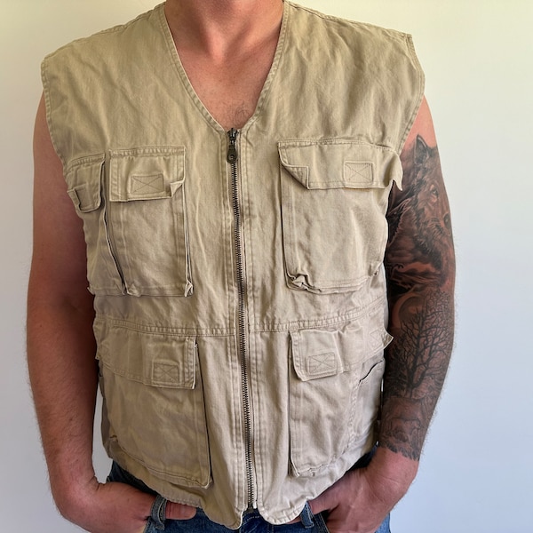 Herren Cargo Style Weste Vintage Safari Fischer Fotografen Beige Gepolsterte Tactical Gilet Camping Tourist Trail Multi Pocket Wandern 54 - XL