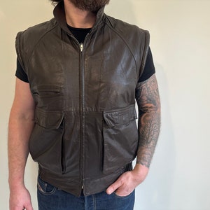 Vintage Men&#39;s Leather Waistcoat Brown Genuine Leather Biker Rocker Vest Steampunk Motorcycle Western Vest Gift Idea for Him Size L/XL