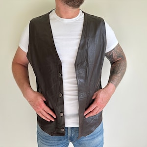 Men&#39;s Leather Waistcoat Dark Brown Genuine Leather Biker Rocker Style Vest Steampunk Motorcycle Patchwork Western Vest Size XL