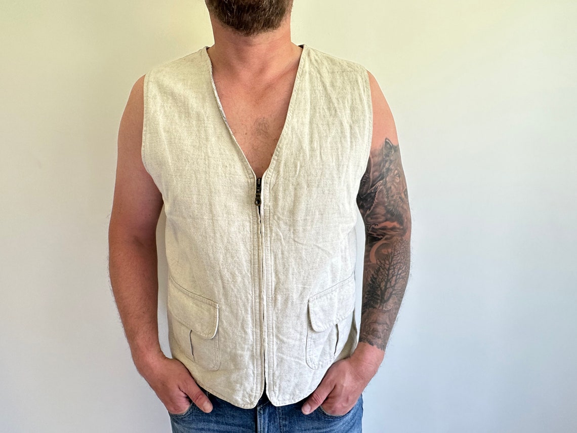Mens Linen Vest Five Plastic Button Front Beige Vest - Beach Wedding main image 1