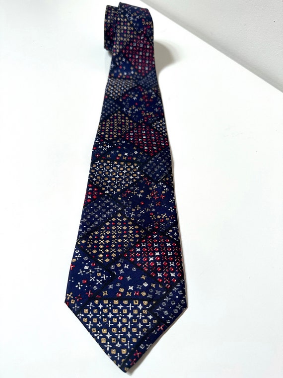 Silk Blue Vintage Tie for Men: Geometric Blocks View 3