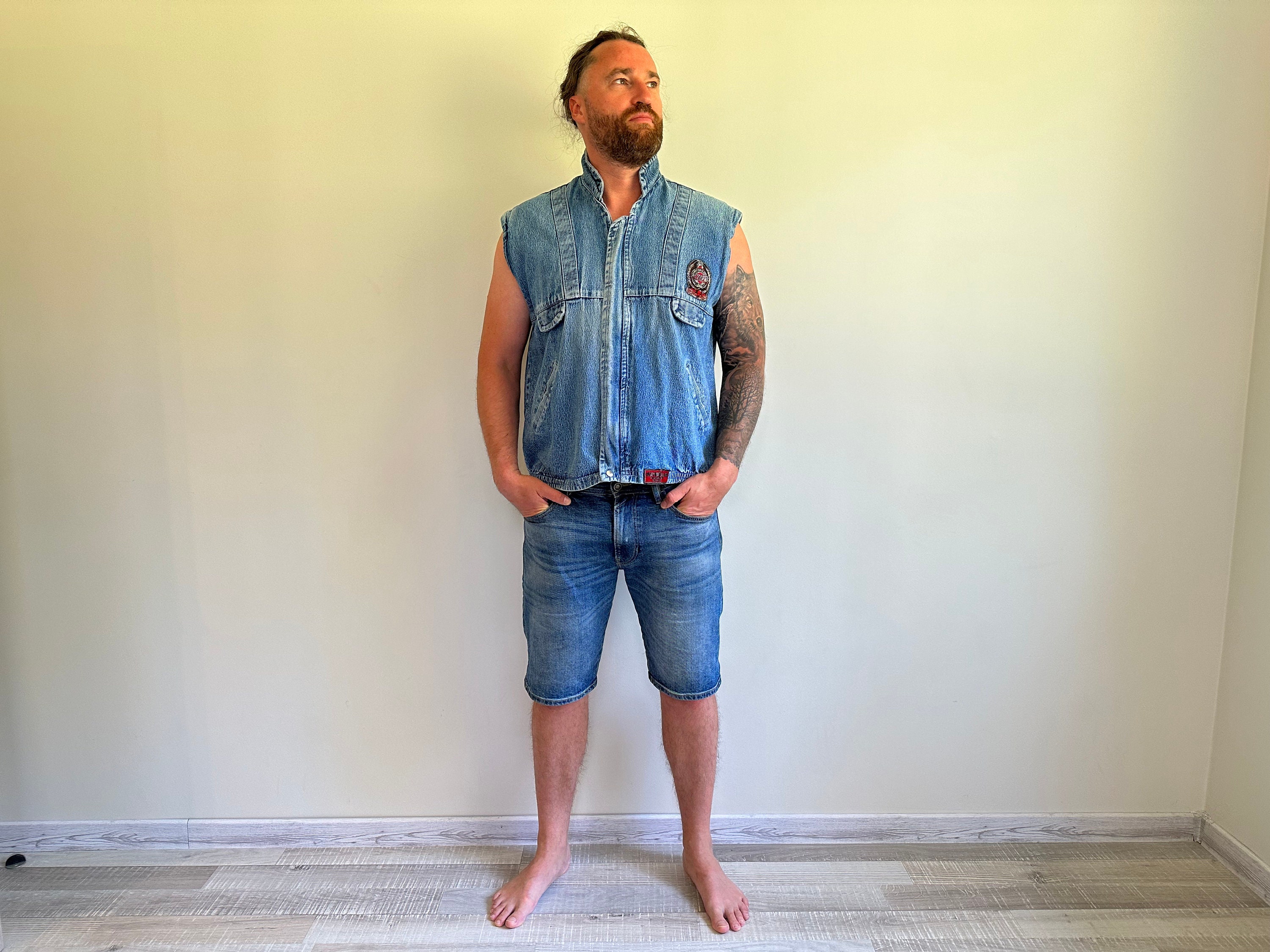 80s - 90s Men's Vintage Blue Denim Vest Waistcoat Worn
