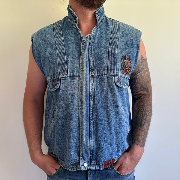 80s - 90s Men's Vintage Blue Denim Vest Waistcoat Worn Hipster Cargo Sleeveless Fishing Jean Jacket Zip Up Gilet L