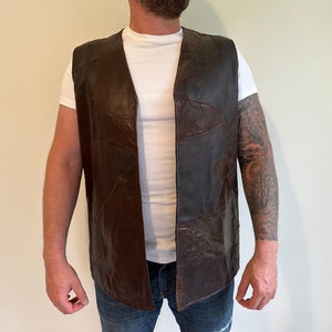 Colete longo de couro masculino marrom peças de couro genuíno feito à mão colete vintage steampunk patchwork colete ocidental ideia de presente para ele tamanho 2XL