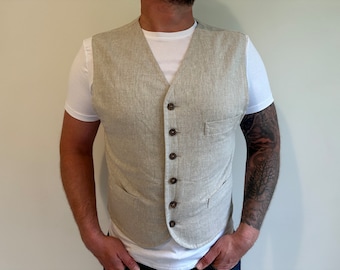 Men's Linen Khaki Vest Vintage Waistcoat Sand Color Beige Formal Classic Gilet Gift to Him Size 48 - L