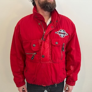 Vintage HEAD Men&#39;s Winter Bright Red Ski Gear Pullover Windbreaker Outwear Mountain Skiblouson Pullover Zippered Bomber Activewear XL
