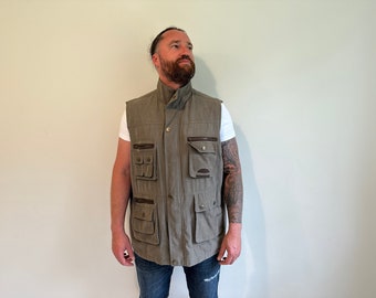 Men's Cargo Style Vest Vintage Safari Fisherman Photographers Grey / Brown Travel Gilet Camping Tourist Trail Multi Pocket Hiking XXXL