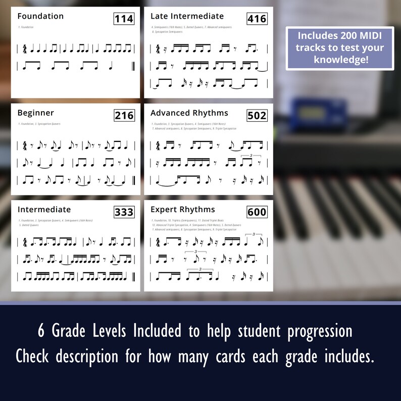 200 Rhythm Flashcards Tracker, MIDI Files, 6 Levels, Midi Learning