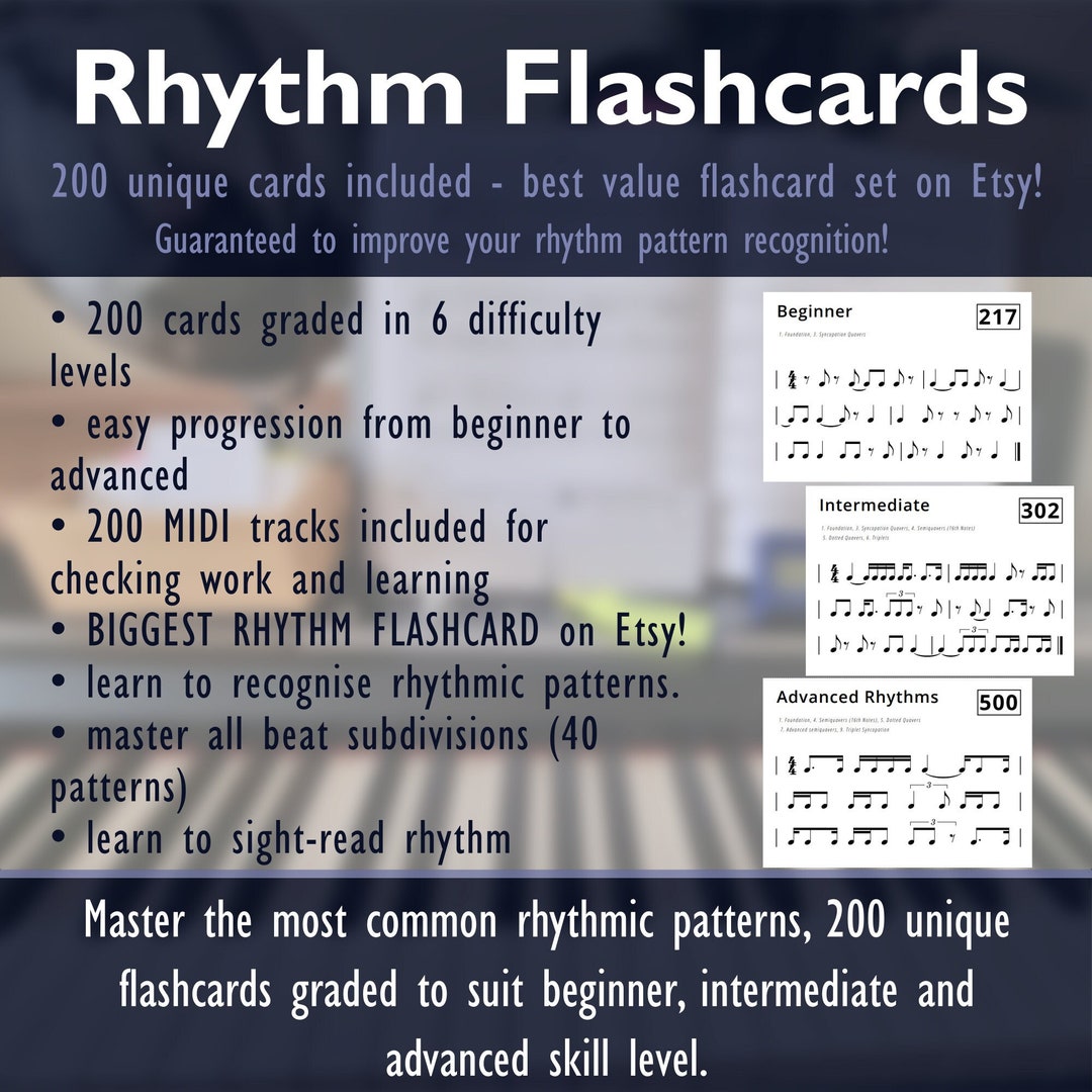 200 Rhythm Flashcards Tracker, MIDI Files, 6 Levels, Midi Learning