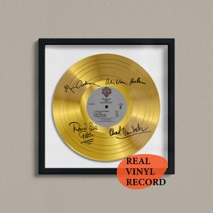 Disco in vinile dorato firmato dai Van Halen — Arte rupestre decorativa — Facsimile LP autografato da 12&quot; — Regalo per un appassionato di musica rock, poster ricordo