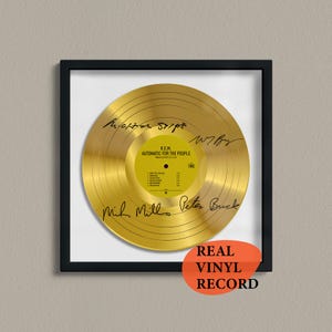 R.E.M. Signed Gold Vinyl Record — Decorative Alternative Rock Art — Facsimile Autographed 12 LP — Gift for Music Lovers, Unique Wall Display