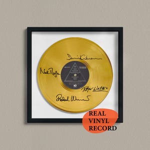 Disco de vinilo dorado firmado por Pink Floyd — Arte musical decorativo — Facsímil de LP autografiado de 12" — Regalo para fans del rock, póster de recuerdos único