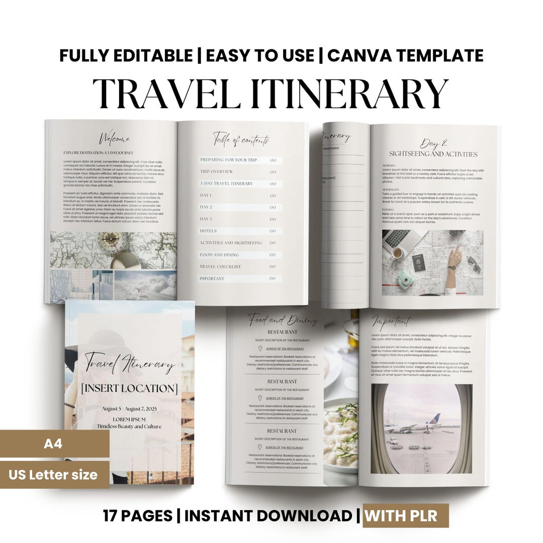 Editable Travel Itinerary Template, Vacation Planner, PLR Canva Design ...
