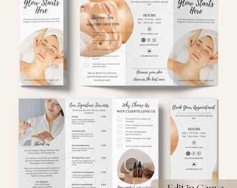 Trifold Brochure Canva Template for Estheticians, Editable Price List, A4 & US Letter, Spa, Skincare, Facial, Beauty Menu, Boho