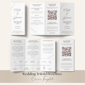 May include: A white wedding trifold brochure template with the names "Emily & James" in elegant script. The brochure includes venue details, a QR code for more information, and a timeline of events. The text "Wedding Trifold Brochure Canva Template" is at the bottom.