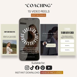 Könnte beinhalten: Eine digitale Marketinggrafik mit dem Wort "COACHING" oben, gefolgt von "15 VIDEO REELS" und "EDIT IN CANVA". Die Grafik enthält Mockups von Telefonbildschirmen mit Text und Bildern sowie Social-Media-Icons.