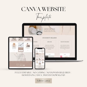 Peut inclure: Modèle de site Web Canva pour une marque de beauté ou de soins de la peau. Le modèle présente un schéma de couleurs blanc et brun clair avec des images de produits de soins de la peau. Le texte sur le modèle comprend "Nos meilleurs vendeurs", "Nettoyants", "Sérums", "Crèmes hydratantes", "Notre histoire" et "Offre à durée limitée".