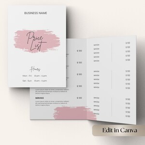 May include: A white price list template with a pink brushstroke design. The text includes "Business Name", "Price List", "Hours", and "Service". The hours are listed as Mon-Fri 8 am-4 pm and Sat-Sun 8 am-4 pm.