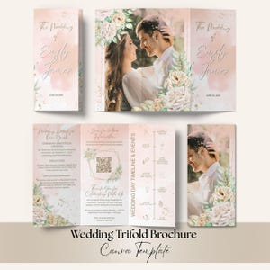May include: A wedding trifold brochure template with a soft pink and white floral design. The brochure features the names "Emily & James" and wedding details. The Canva template includes a photo of a couple.
