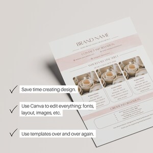 May include: A light pink and white wholesale line sheet template with the text "BRAND NAME" and "WHOLESALE LINE SHEET". The sheet includes product information and the text "Save time creating design", "Use Canva to edit everything: fonts, layout, images, etc.", and "Use templates over and over again."